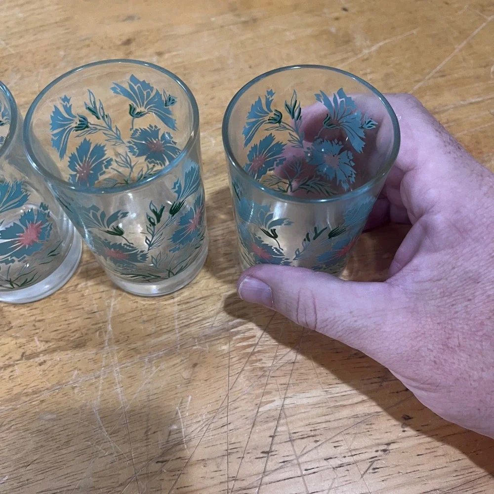 Vtg Taylor Smith & Taylor Ever Yours Teal Floral Juice Glasses MCM Set of 4